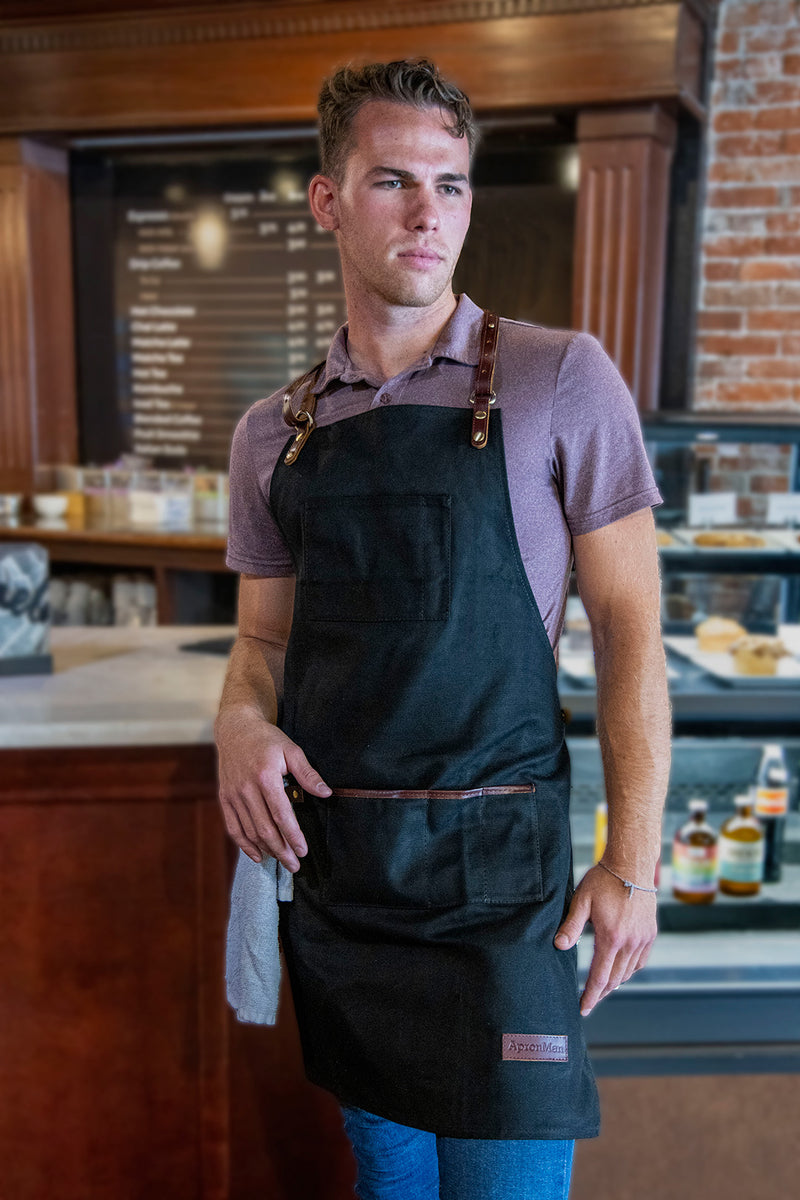 Barista Apron Leather Straps & Loops Good for Chef, Barista, Bartender Black Twill - Black Leather