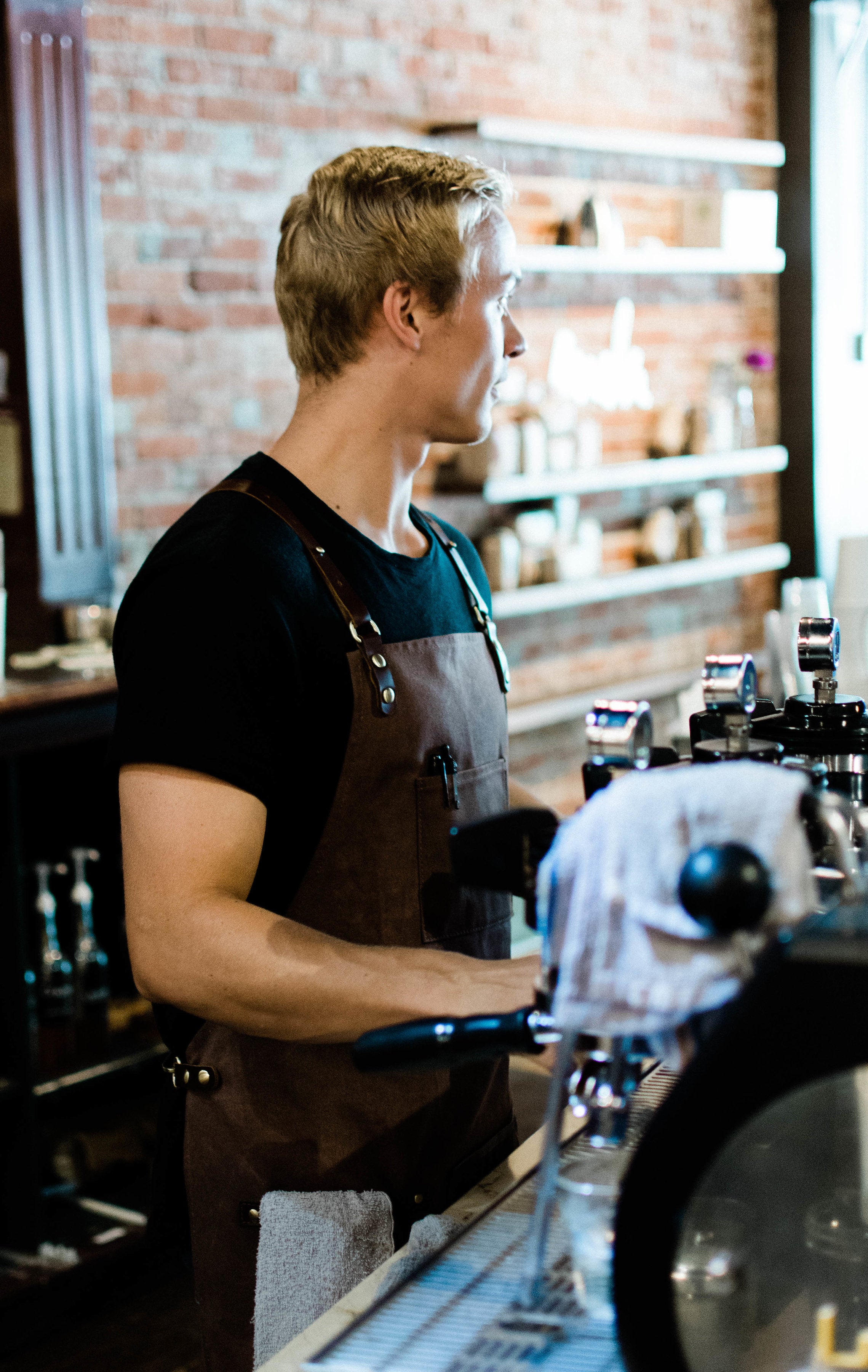 Barista Apron Leather Straps & Loops Good for Chef, Barista, Bartender Black Twill - Black Leather